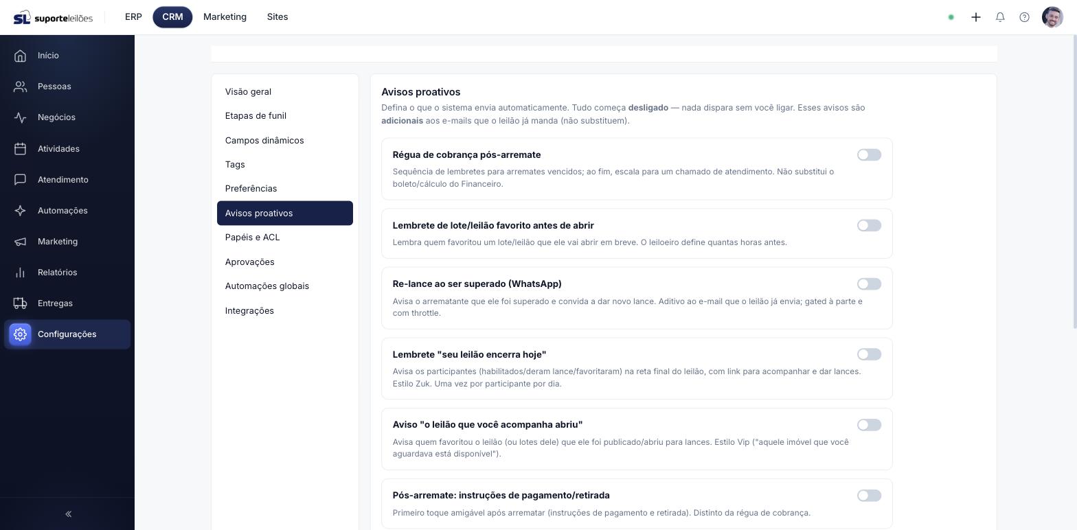 Tela de avisos proativos