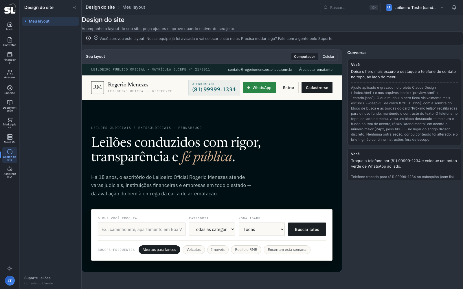 Layout aprovado, com o aviso de confirmação no topo