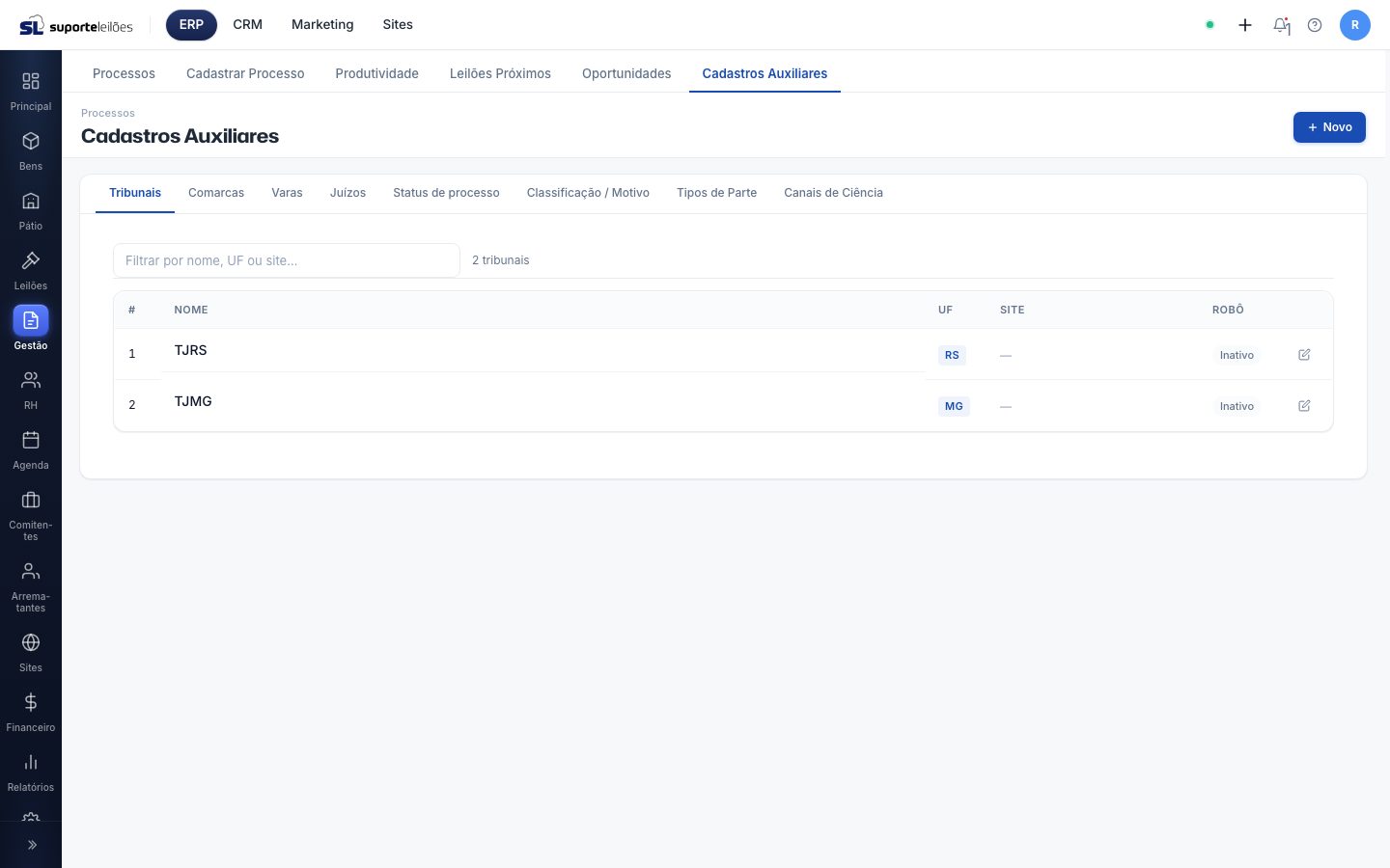 Cadastros Auxiliares — Tribunais