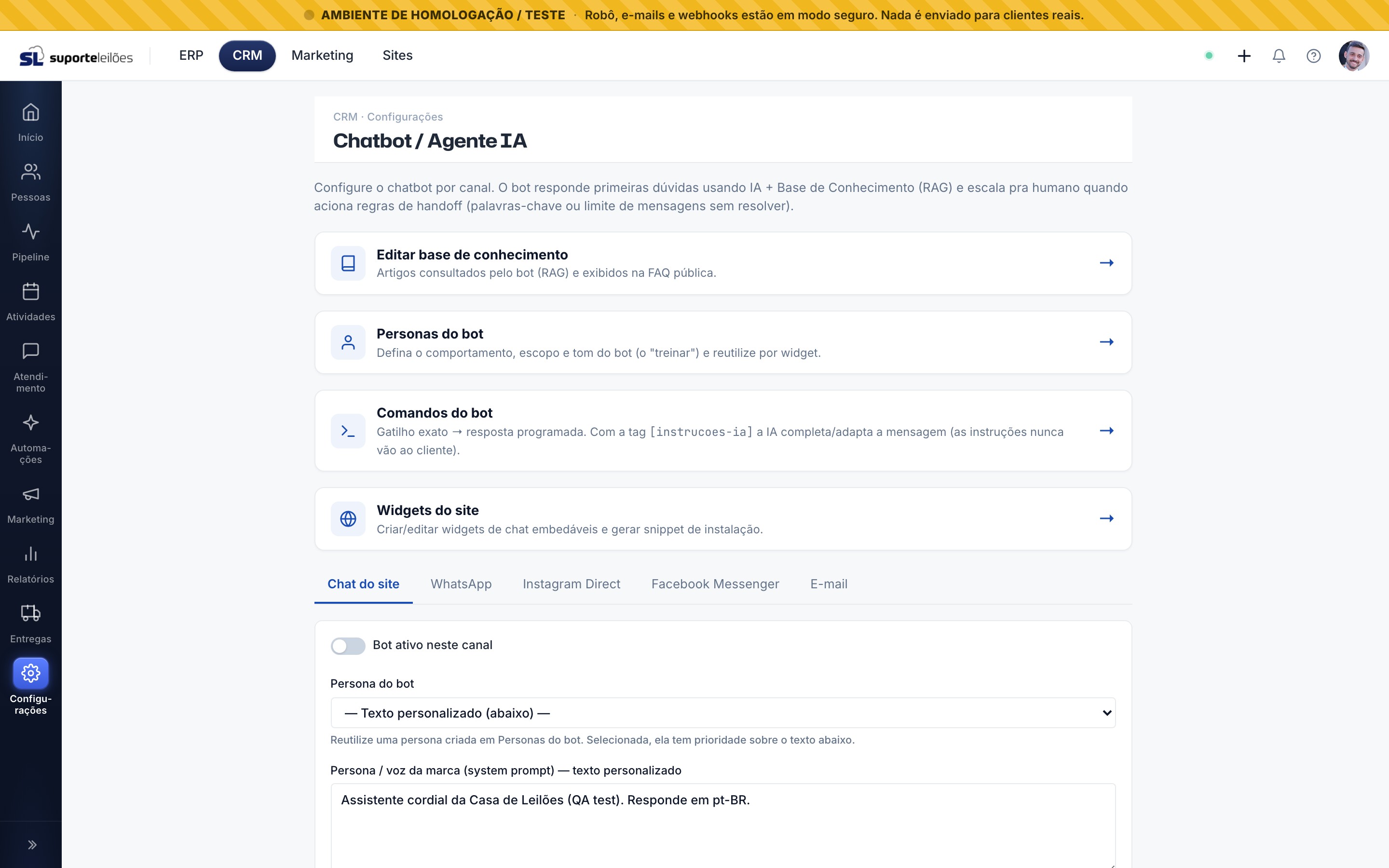 Atalho para Comandos do bot na tela de Chatbot / Agente IA