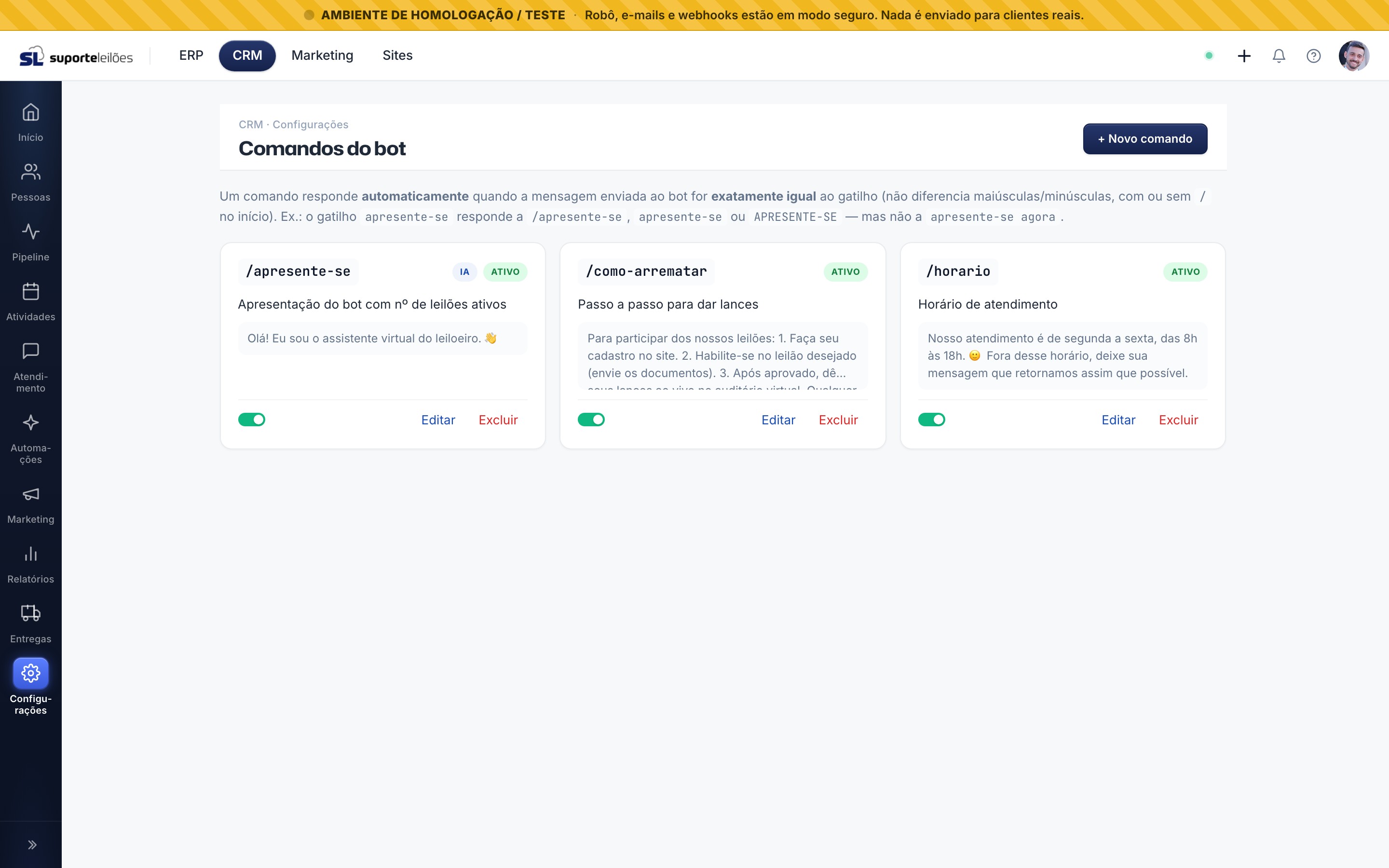 Lista de comandos do bot