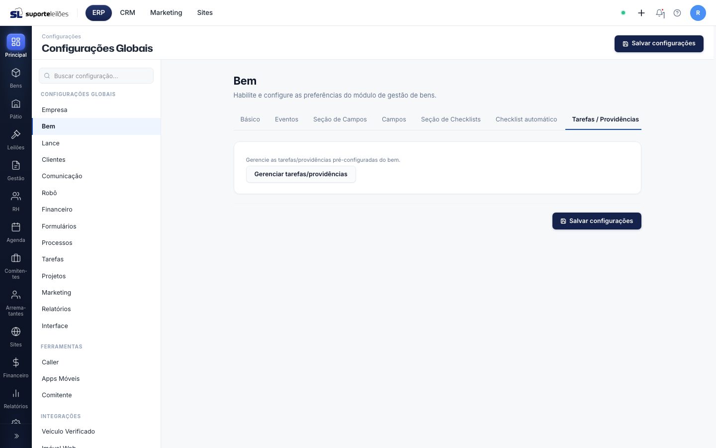Configurações do Bem — Tarefas / Providências