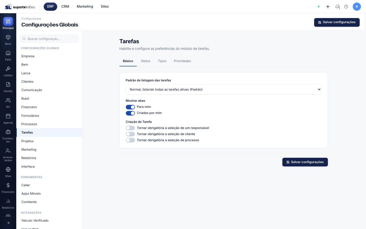 Configurações globais de Tarefas