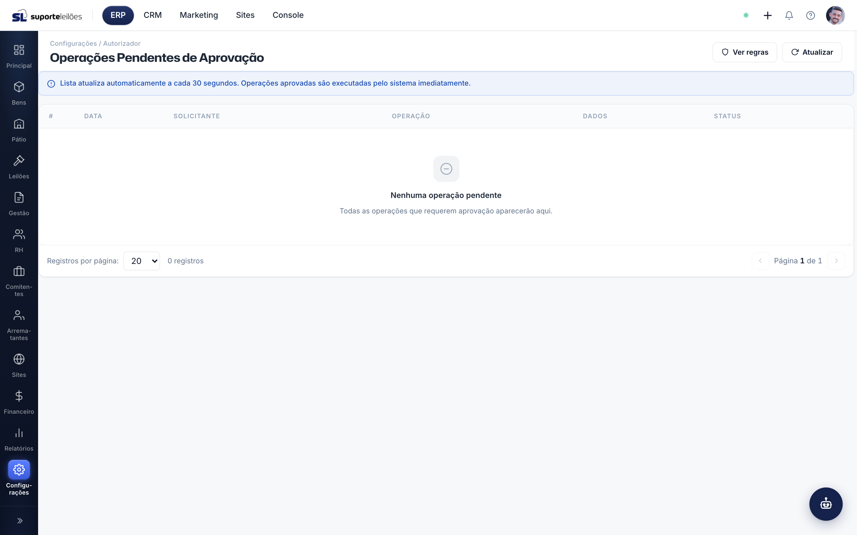 Operações pendentes de aprovação