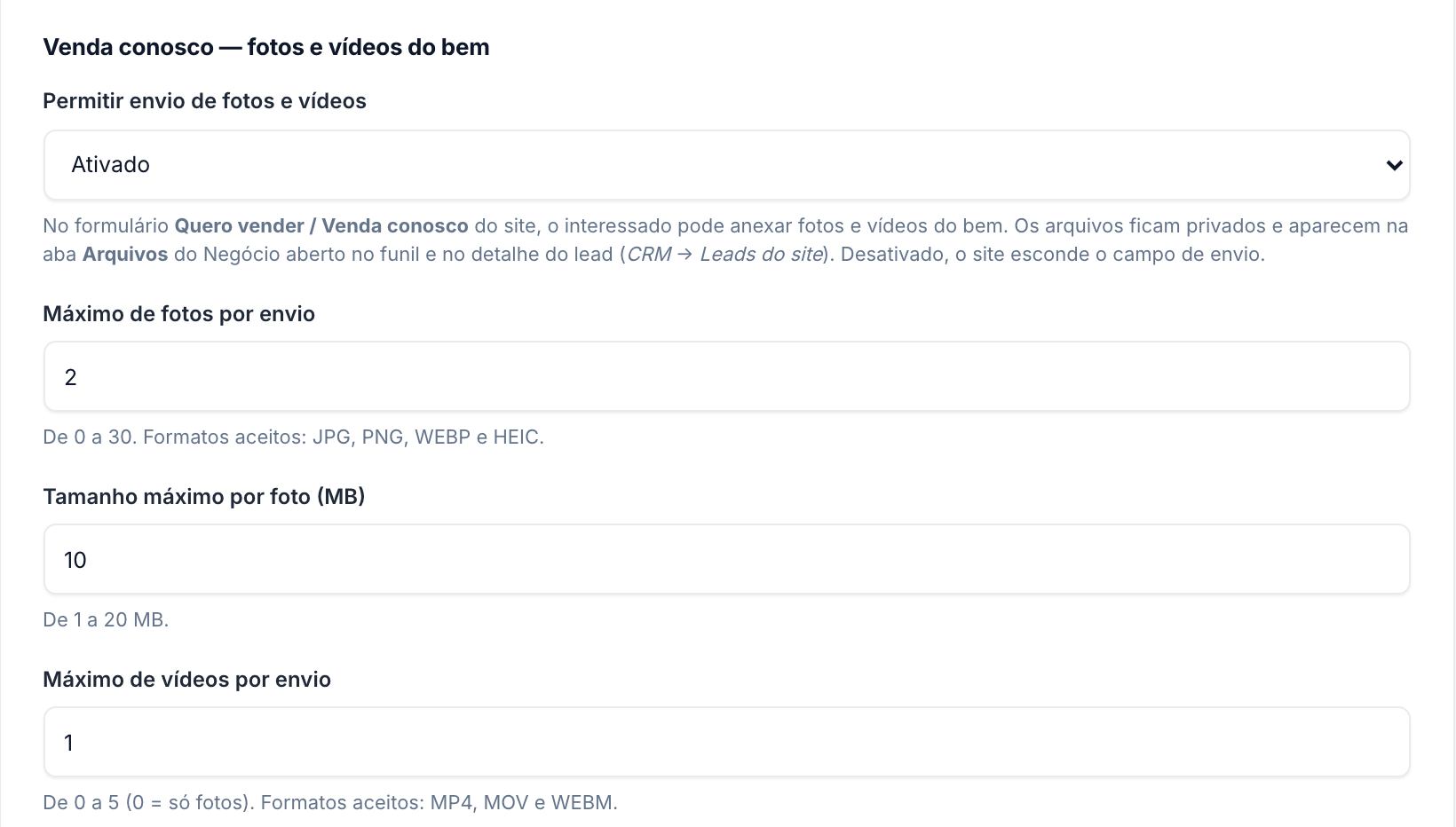 Configuração Venda conosco — fotos e vídeos
