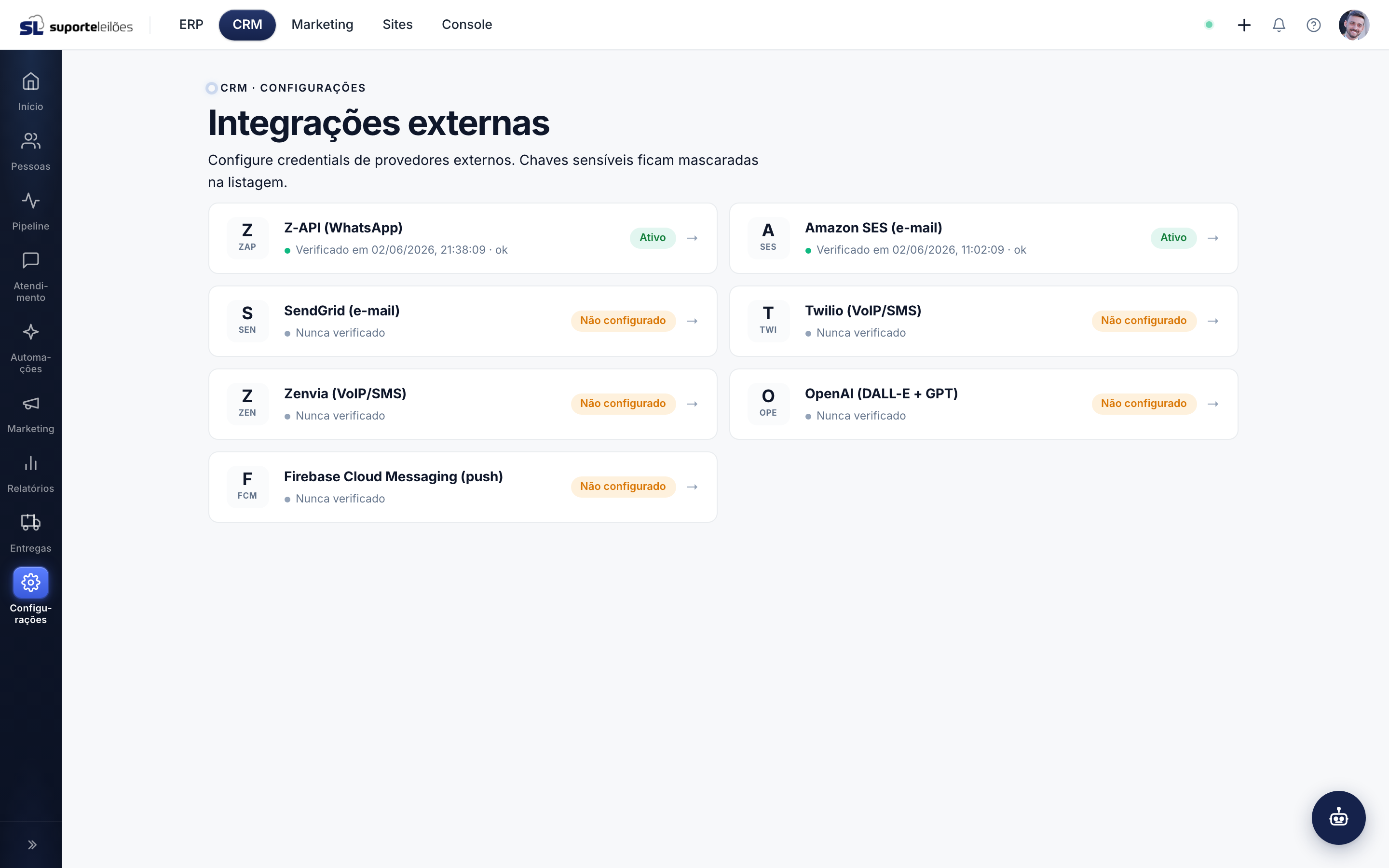 Integrações externas