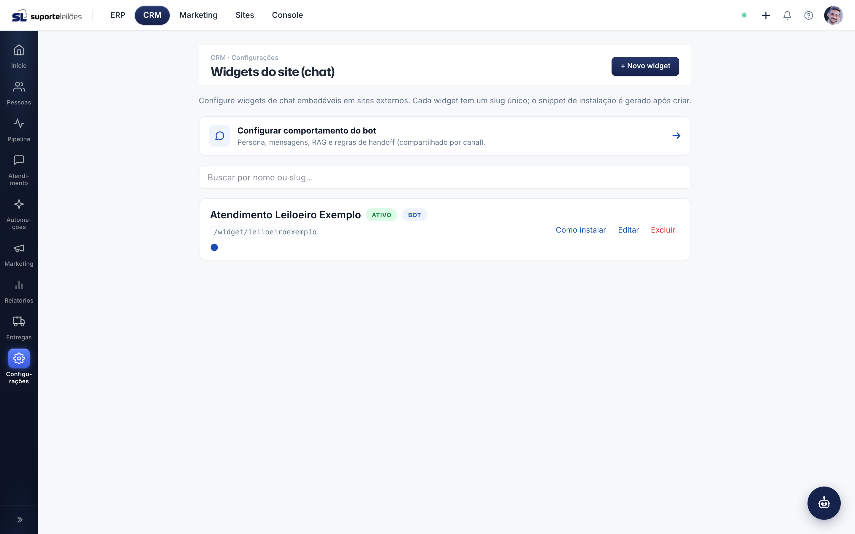 Widgets do site (chat)