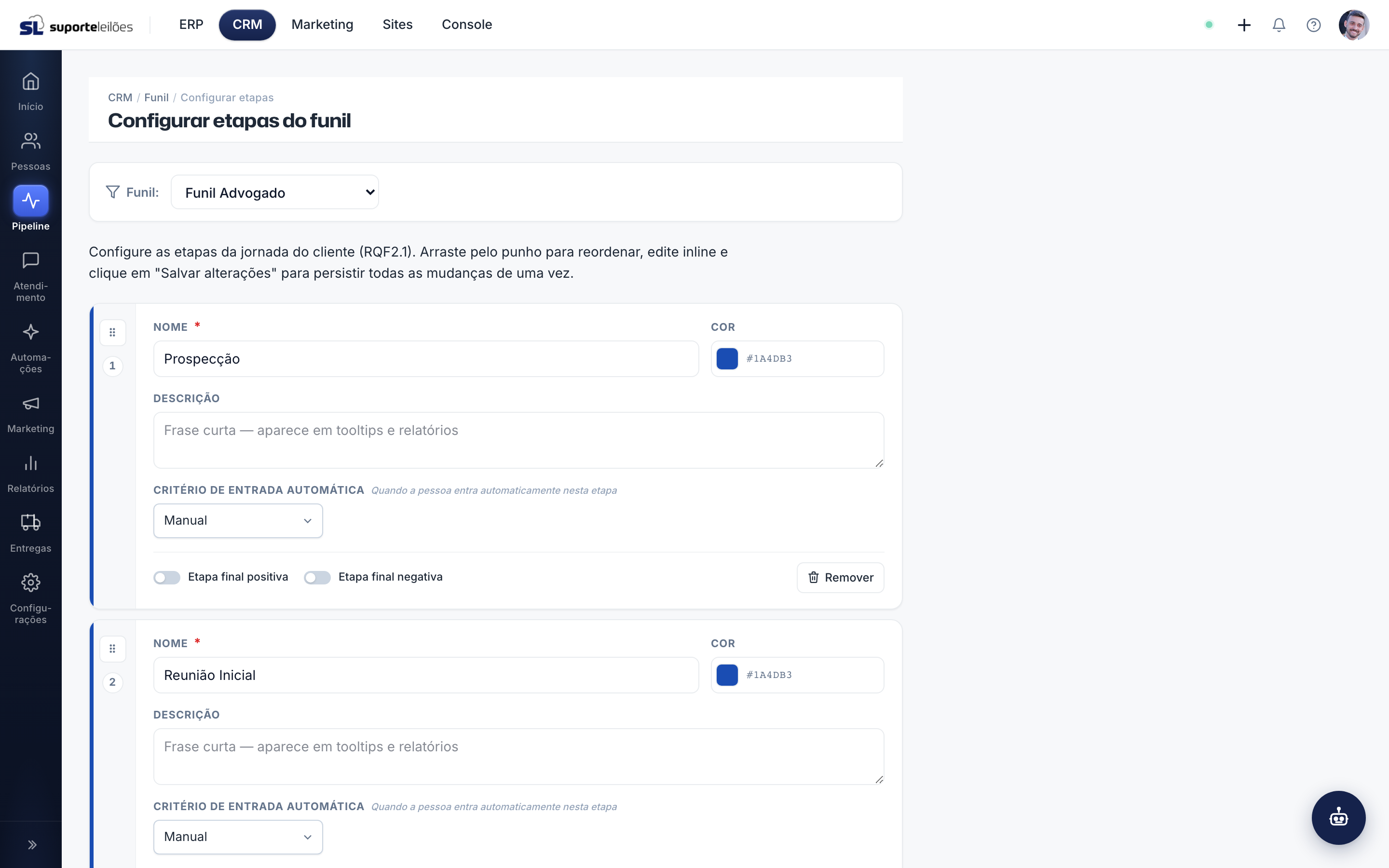 Configurar etapas do funil