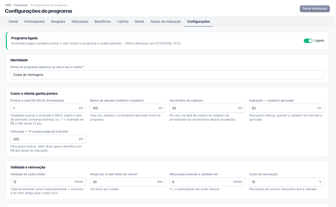 Configurações do programa