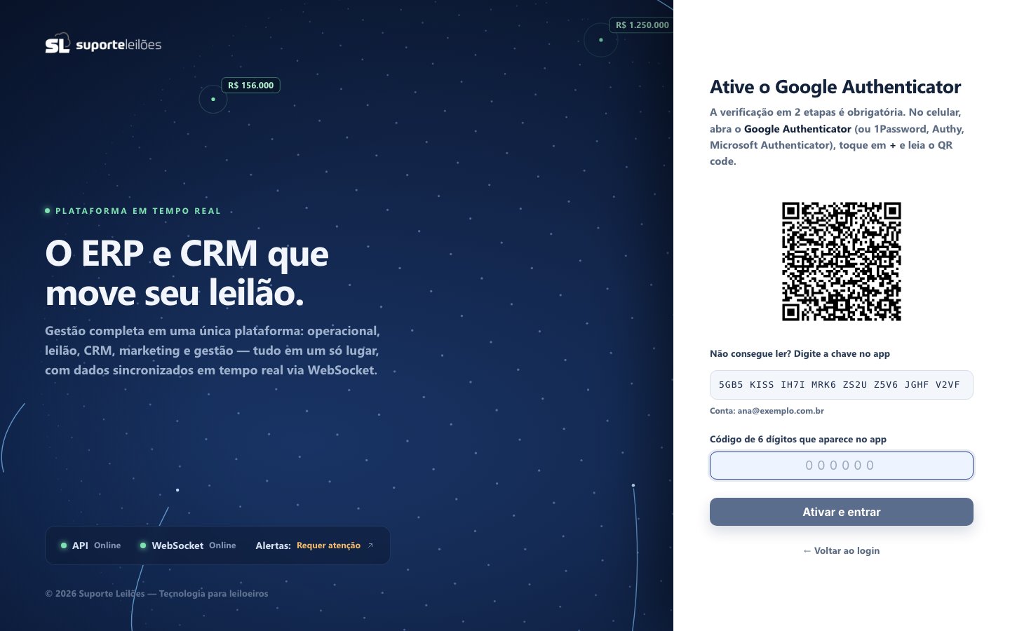 Tela de login pedindo para ler o QR code do Google Authenticator