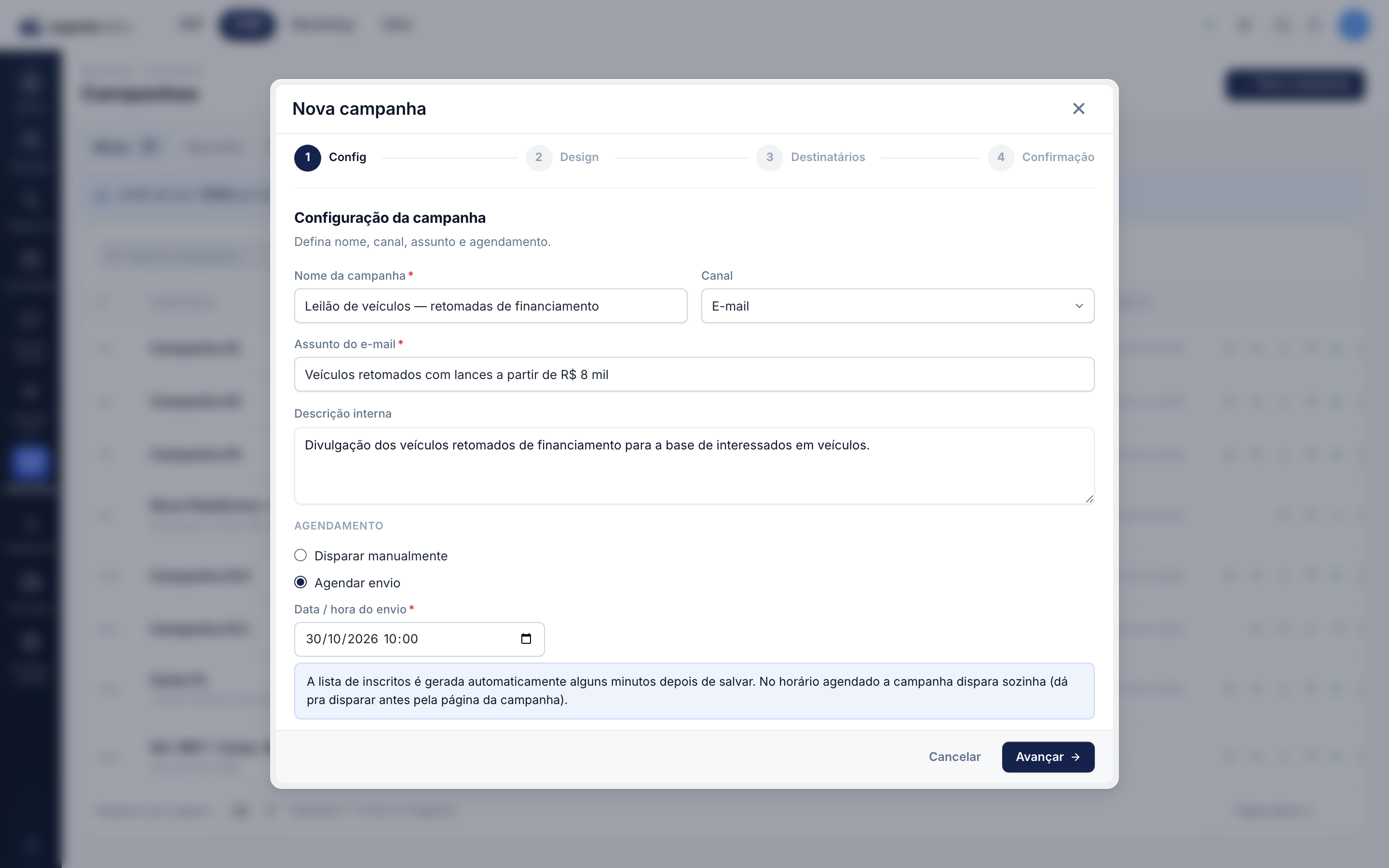 Etapa 1 do assistente com o bloco Agendamento: opção "Agendar envio" selecionada, campo de data/hora do envio e o texto de ajuda abaixo