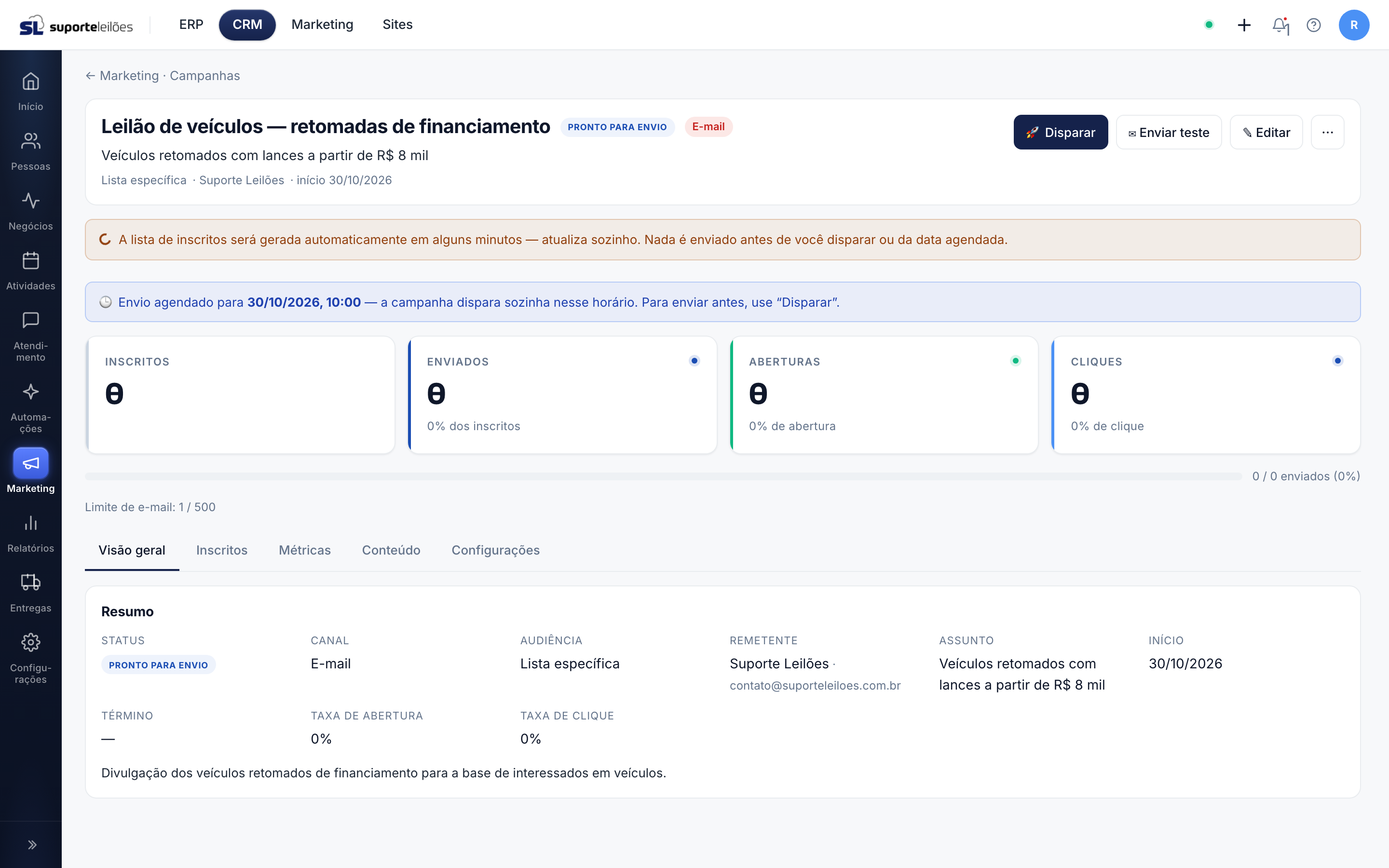 Página de uma campanha agendada, com o aviso azul "Envio agendado para 30/10/2026, 10:00"