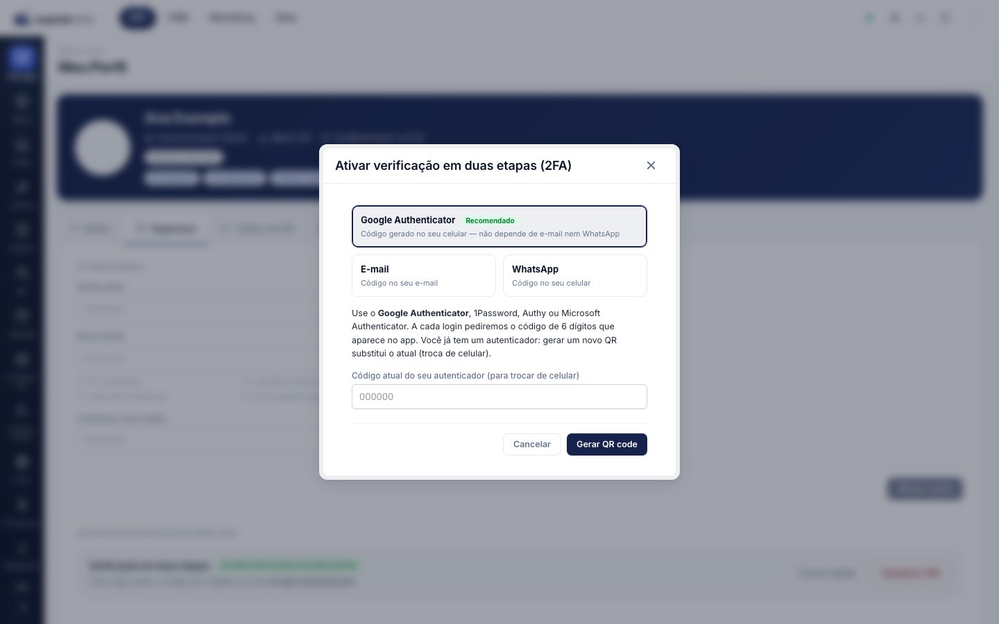 Janela de ativação do 2FA com o Google Authenticator recomendado