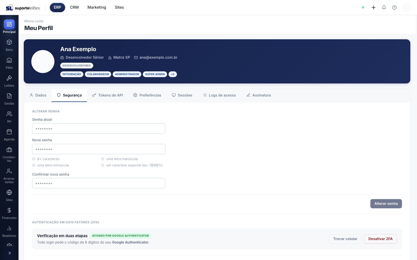 Aba Segurança do perfil com o Google Authenticator ativo