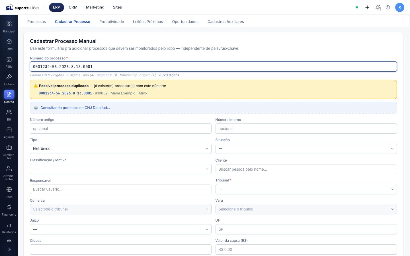 Cadastrar Processo Manual