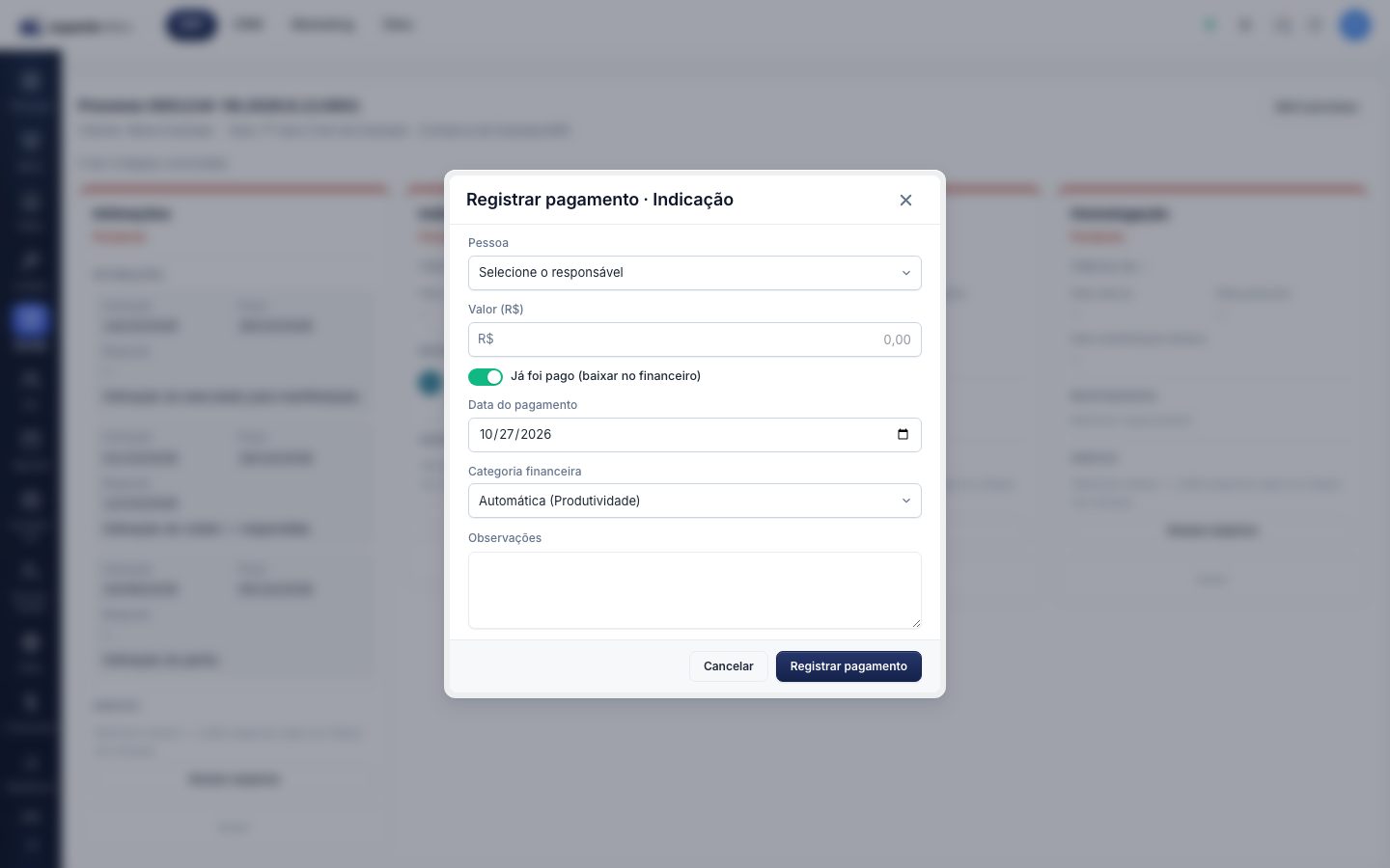 Registrar pagamento da etapa