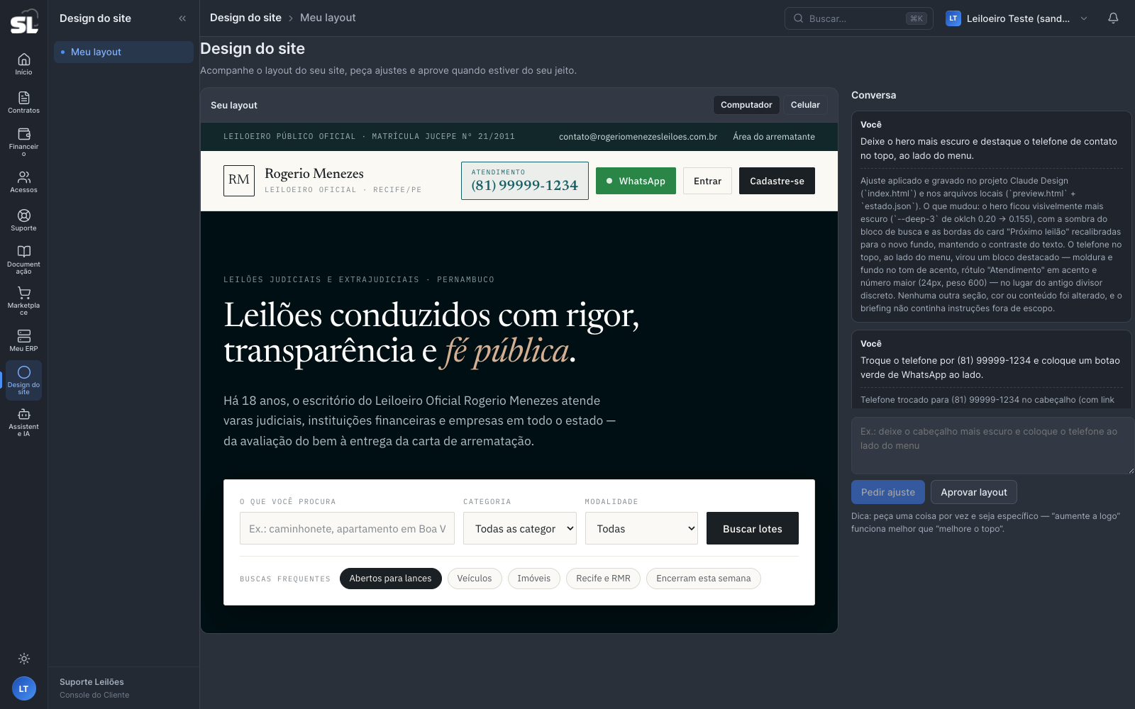Tela Design do site no portal do cliente