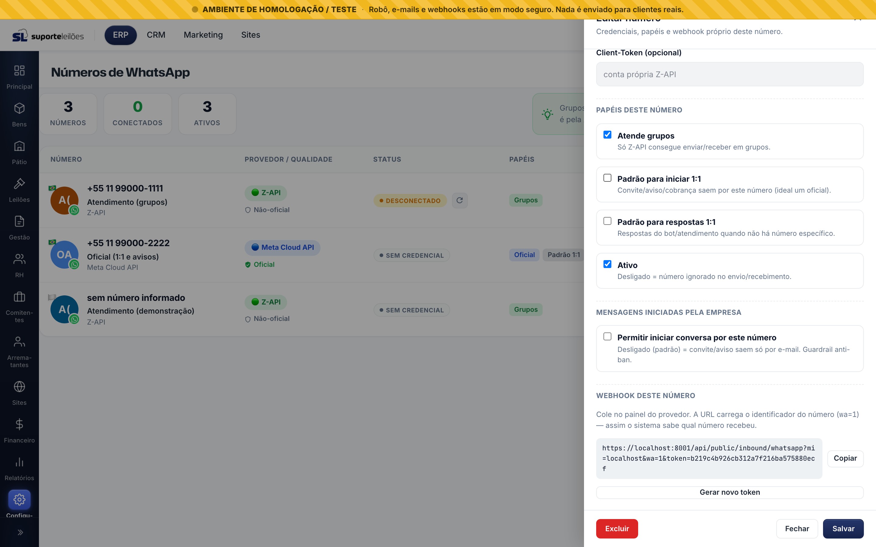 Papéis, guardrail e webhook do número