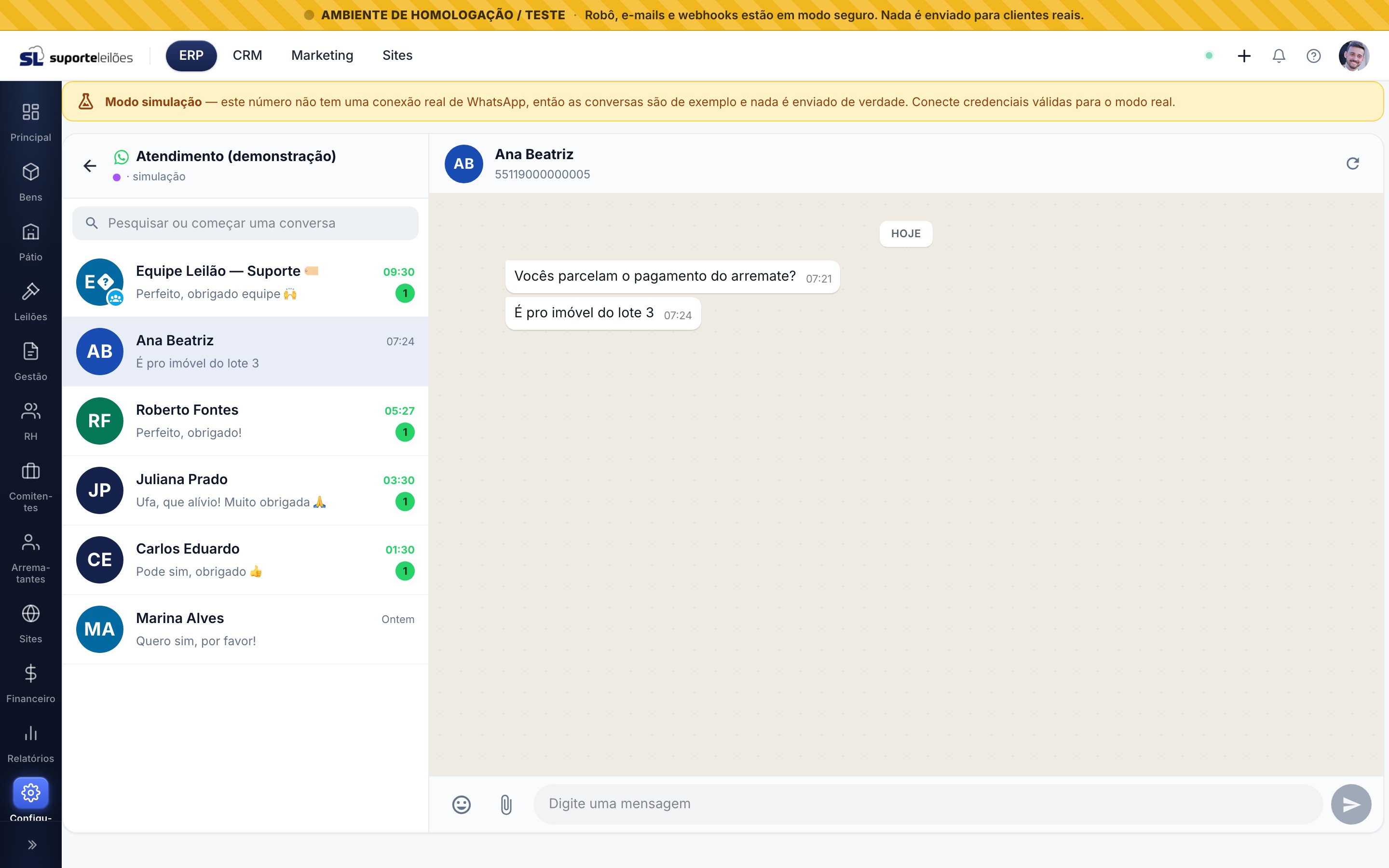 WhatsApp Web do número — lista de conversas e conversa aberta